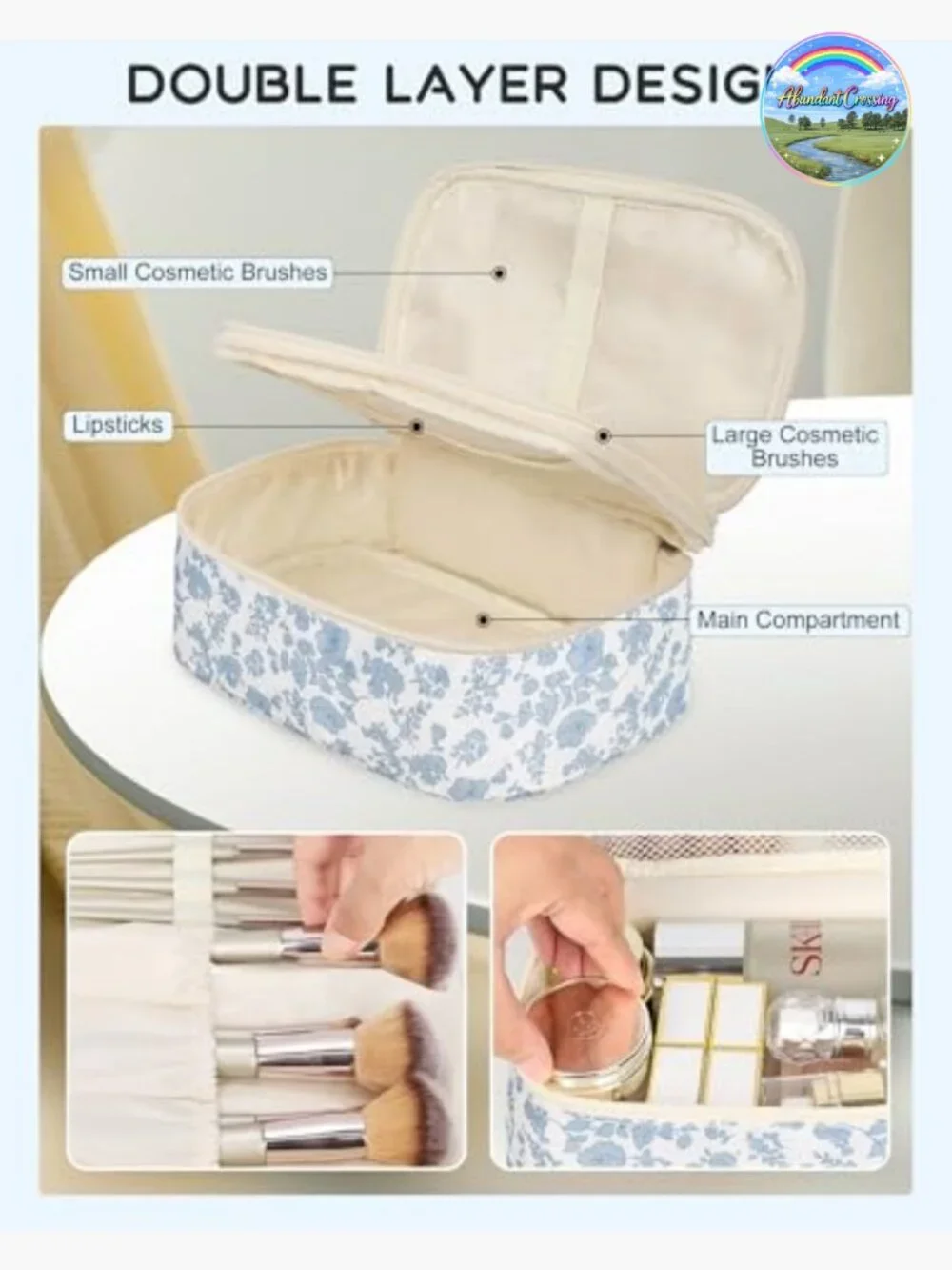 Double Layer Travel Makeup Bag with Brush Compartments, Portable Cosmetic
